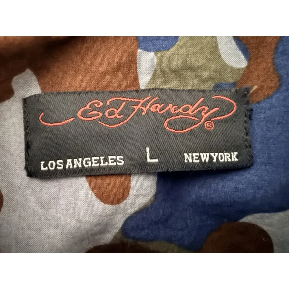 Ed Hardy Archive Y2K Camo Button Up Shirt‎ Mens L Slim Fit Tattoo Streetwear